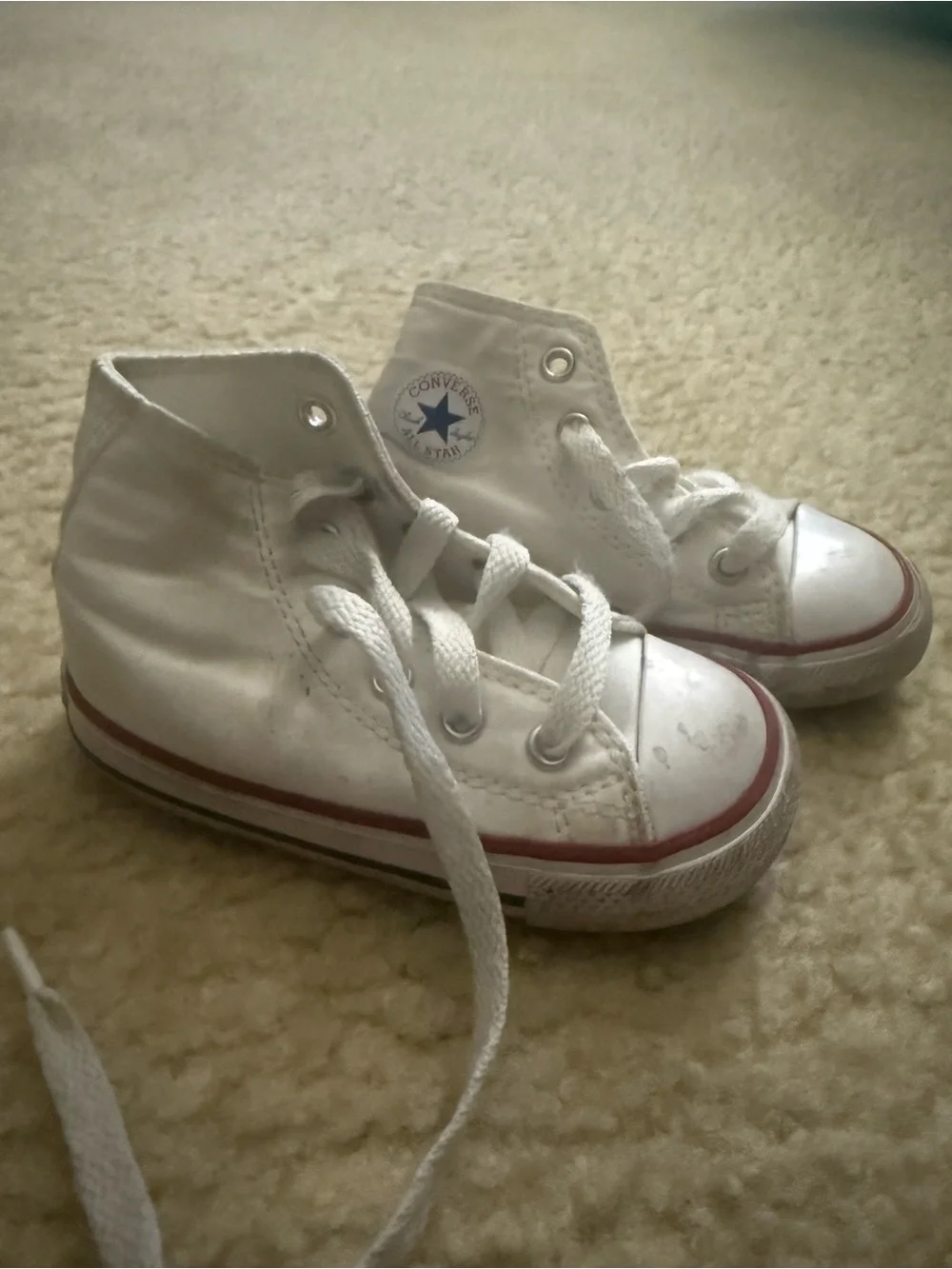 Converse Toddler White High-Top Sneakers with Red Stripe (box included)